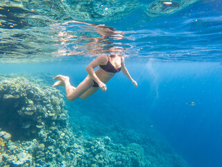 The girl swims underwater in the sea.