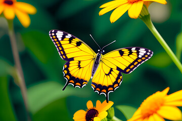 Very beautiful yellow orange butterfly in flight isolated on a transparent background.