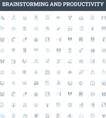 Brainstorming and productivity vector line icons set. Brainstorming, Productivity, Planning, Creativity, Ideas, Thinking, Solutions illustration outline concept symbols and signs