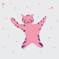 hand drawn cat kitten cartoon character, star background 