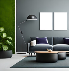 Living room interior mockup, furniture and decorative trendy flower and plants, white sofa and armchair, natural elements and minimalism 3d render . AI Generative