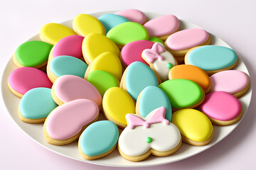 Fototapeta na wymiar Happy Easter. Multicolored pastel easter cookies on a white background.