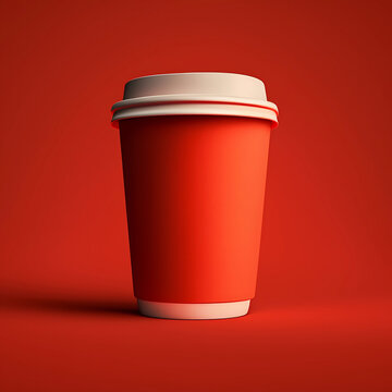 Red empty coffee cup on the red background, mockup template