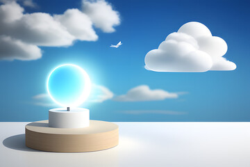 3D display podium, pastel blue background. White cloud levitating. Sky concept. Nature Beauty, cosmetic product presentation pedestal. 3d render mockup with light and shadow