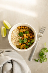 Chickpea Curry with Rice and Cilantro Garnish and Lime Slices