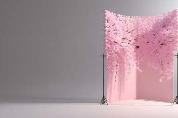 3D background, pink podium display. Sakura pink flower on pastel silk cloth. Cosmetic or beauty product promotion step floral pedestal. Abstract minimal advertise. 3D render copy space spring mockup.