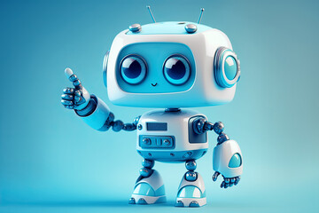 cute friendly mini robot pointing fingers at copy space on blue background. Generative AI
