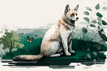 dog watercolor on nature background. Generative AI