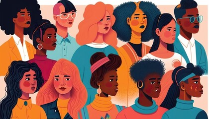 Illustration of women of different races in university, Generative AI