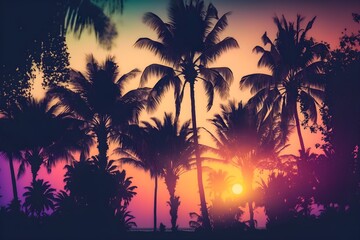 Fototapeta na wymiar Sunset background with palms silhouettes