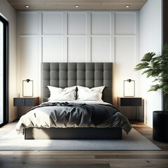 Modern minimal bedroom suit in hotel. Elegant bedroom concept in hotel. Generative AI.