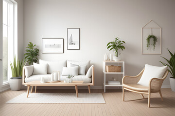 Home mockup, beige room with natural wooden furniture, Scandi boho style interior background, 3d render