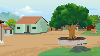Village farm house old Indian rural house. farmer house blue sky green village hut, banyan tree