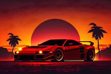 Fototapeta na wymiar red sport concept car on the sunset, AI generated