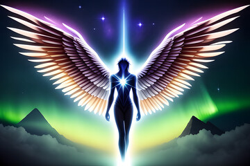 Abstract 3d rendering illustration of an powerful angel with wings flying over to heaven