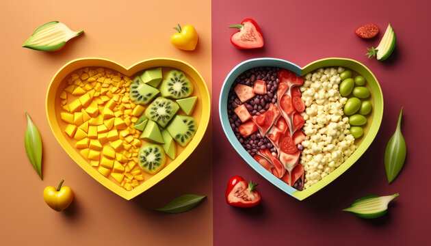 healthy food in a set of heart bowls with yellow and red background 4k photo image