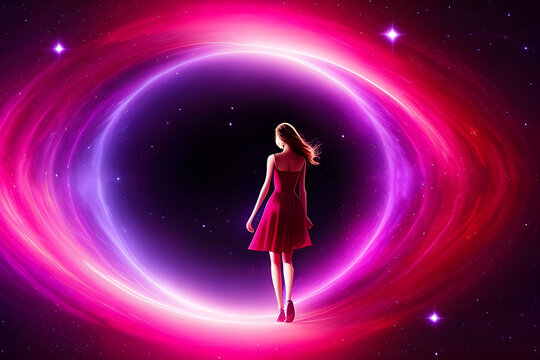 Young Abstract Digital Beautiful Woman In A Red Dress Going Through Another Dimension World Artwork