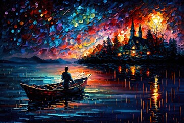 Obraz premium Magical scenic fantasy landscape with stars reflection in the lake, abstract painted style, AI generated