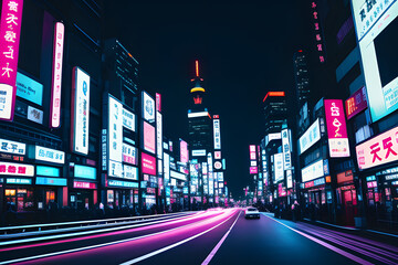 A night of the neon street at the downtown in Shinjuku Tokyo wide shot