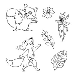 Antistress coloring page. Set of hand drawn foxes, leaves and flowers. Cute cartoon fox laughs. Vector illustration isolated. For print, package, card, children game, clothes, interior, icon, logo