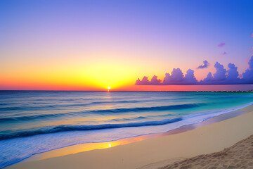 Naklejka na ściany i meble Sunrise over beach in Cancun