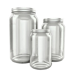 Vector isolated on white. Illustrations of clear jars. Three realistic glass jars with grayscale lids. For printing packaging, cards, designers, clothes, interior, icon, logo