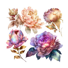 Vector isolated on white. Set of illustrations of watercolor peony. Large bushes of delicate, pink and cream peonies with greenish leaves. For print, package, valentines card, clothes, interior, logo