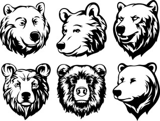 Head of bear. Abstract character illustration variant set. Graphic logo design template for emblem. Image of portrait.