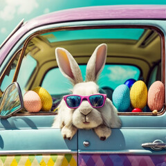 Fototapeta na wymiar Easter bunny in a colorful car, ai generative.