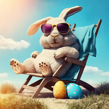 Cool easter bunny or rabbit in a sunchair, generative ai