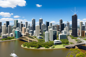 BRISBANE, AUSTRALIA - August 05 2017: Panoramic areal image of Brisbane CBD and South Bank - obrazy, fototapety, plakaty