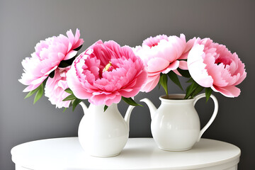 Three red peonies in a white jug on black
