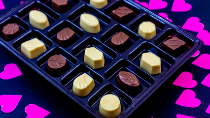 delicious chocolate surrounded by pink hearts on black background