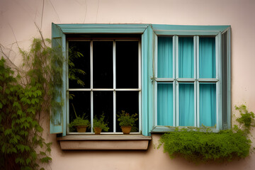 Fototapeta na wymiar Old vintage dirty window, vegetation.
