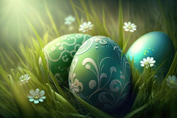Easter eggs in green grass, generative AI