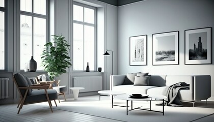 Naklejka na ściany i meble Modern minimalistic style bright living room interior with white walls, couch and coffee table. Generative AI