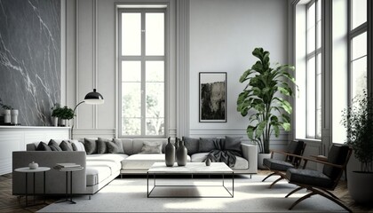 Modern minimalistic style bright living room interior with white walls, couch and coffee table. Generative AI