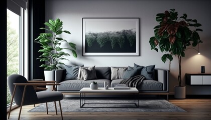 Modern minimalistic style bright living room interior with white walls, couch and coffee table. Generative AI