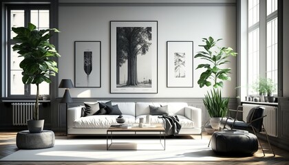 Modern minimalistic style bright living room interior with white walls, couch and coffee table. Generative AI