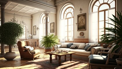 Fototapeta premium Bright and spacious traditional mediterrean interior style living room with sofa and coffee table. Generative AI