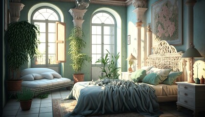 Exotic looking traditional mediterrean bedroom interior with double bed. Generative AI