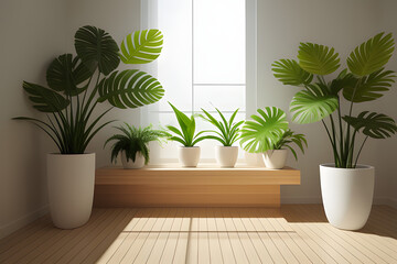 Fototapeta na wymiar Blank wood podium product display and green tropical monstera plants leaves with beautiful sun light and shadow. 3D render for nature, organic, spa, aroma, health, care, cosmetic, beauty background.