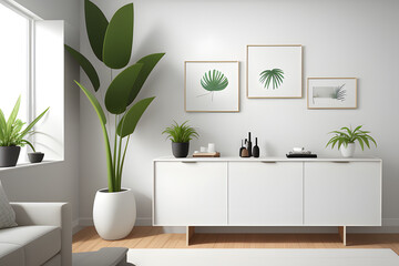 3D render, set of 4 blank wooden art frames on the wall and elegant white wooden sideboard with trendy eucalyptus leaves in vases. Background, Template, Photo, Mockup, Mock up, Contemporary, Sunlight