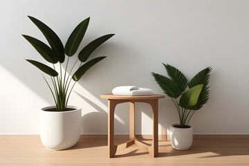 Wooden round side table with green tropical plant leaves with beautiful sun light and shadow on white wall. 3D render product display for nature, organic, spa, health, cosmetic, beauty background.