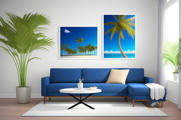 Realistic 3D render blank photo frame for art and poster mock up, Cobalt blue interior design, Luxury one seated sofa with side table and decor palm tree. Sunlight, Background, Template, Hotel, Home.