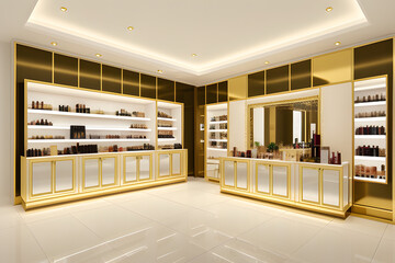 Elegant and luxury interior design of beauty cosmetic shop with wooden and gold shelf, pastel green cabinet and display in cream beige wall and decorative mirror and light