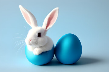 Fototapeta premium Easter bunny rabbit with blue painted egg on blue background. Easter holiday concept.