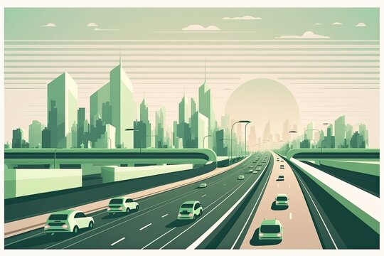 Traffic on green highway panoramic perspective. Generative AI