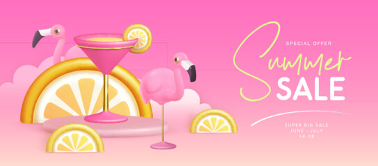 Summer big sale typography poster with 3d plastic flamingo, tropic fruits and cosmopolitan cocktail. Summer background. Vector illustration.