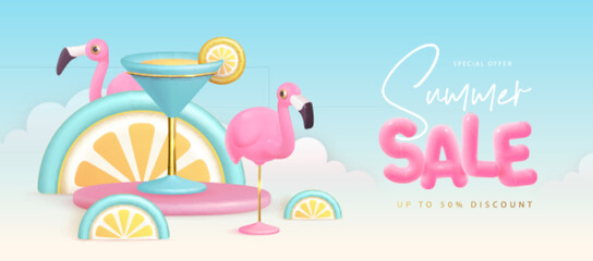 Summer big sale typography poster with 3d plastic text, flamingo and cosmopolitan cocktail. Summer background. Vector illustration.